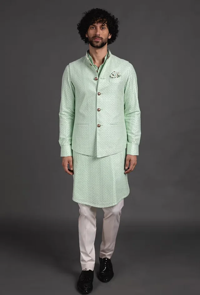 Arjan Dugal Green Chanderi Silk Bundi And Kurta Set - L, Yellow