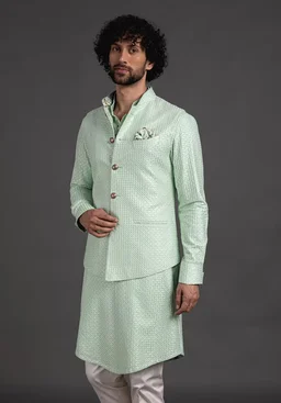 Arjan Dugal Green Chanderi Silk Bundi And Kurta Set - L, Yellow