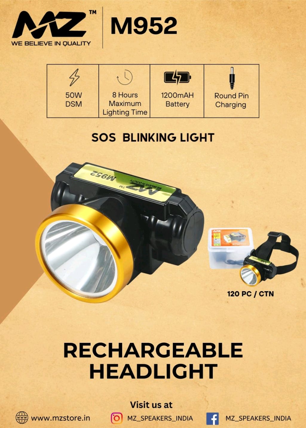 MZ M952 Rechargeable Head Torch With 2 Mode •Low •High