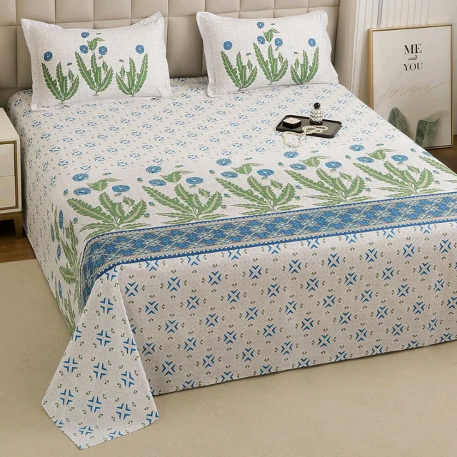 Cotton White & Sky Blue King size Bedsheet - White