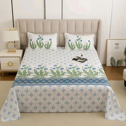 Cotton White & Sky Blue King size Bedsheet - White