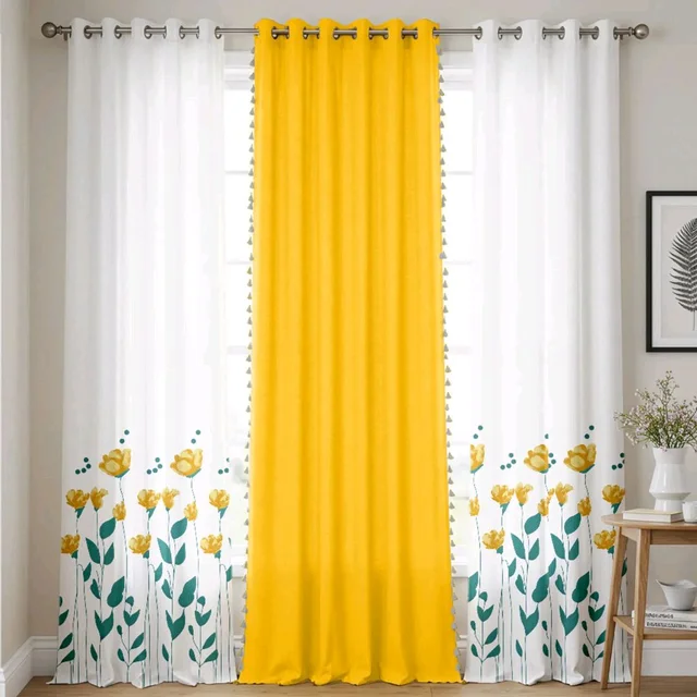 Cotton Curtains Combo, Set of 3 curtains, 60-65% Room Darkening Curtain - Sunny blooms Yellow & Aura Yellow