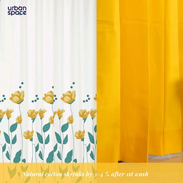Cotton Curtains Combo, Set of 3 curtains, 60-65% Room Darkening Curtain - Sunny blooms Yellow & Aura Yellow