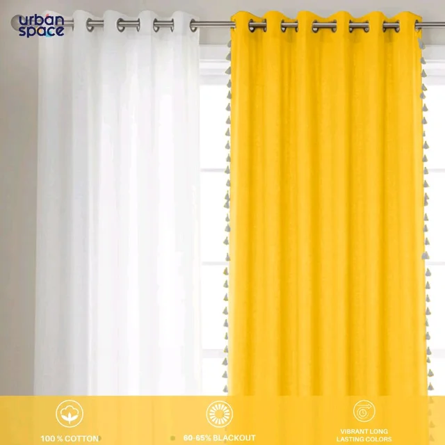 Cotton Curtains Combo, Set of 3 curtains, 60-65% Room Darkening Curtain - Sunny blooms Yellow & Aura Yellow