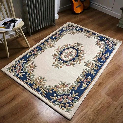 Ivory and Blue Persian Hand-Tufted Wool Carpet