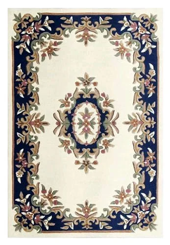 Ivory and Blue Persian Hand-Tufted Wool Carpet