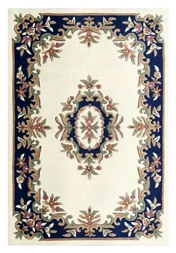Ivory and Blue Persian Hand-Tufted Wool Carpet