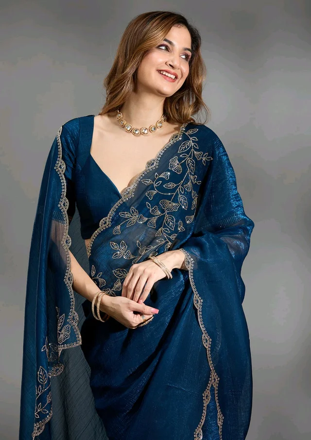 Navy Blue Stonework (Gold) Georgette Saree - Blue