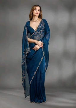 Navy Blue Stonework (Gold) Georgette Saree - Blue