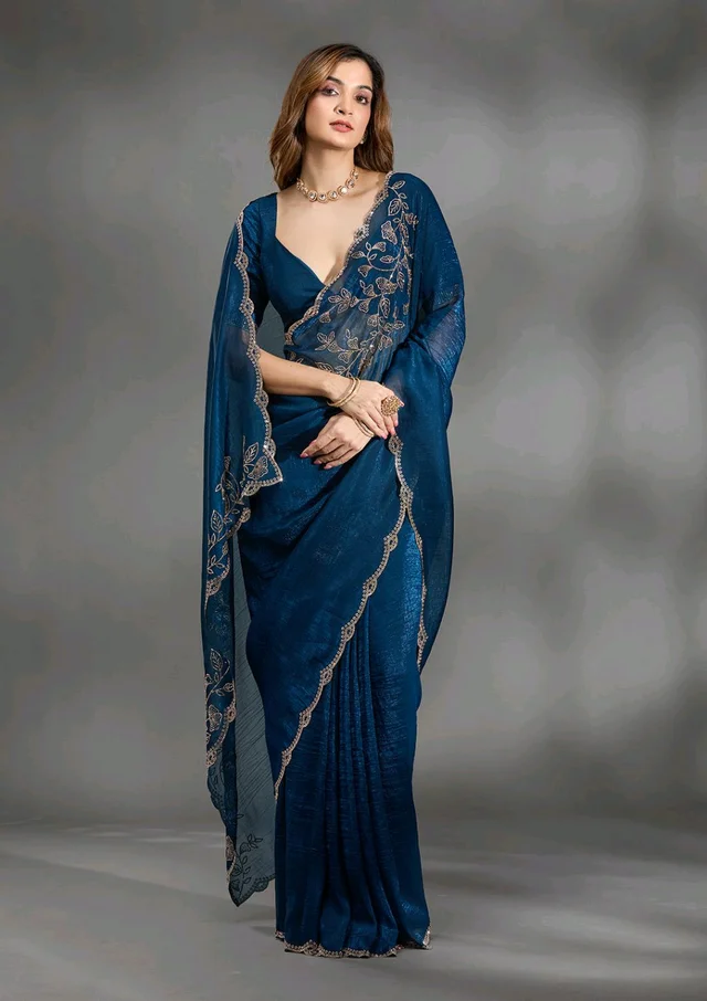 Navy Blue Stonework (Gold) Georgette Saree - Blue