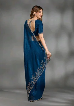 Navy Blue Stonework (Gold) Georgette Saree - Blue