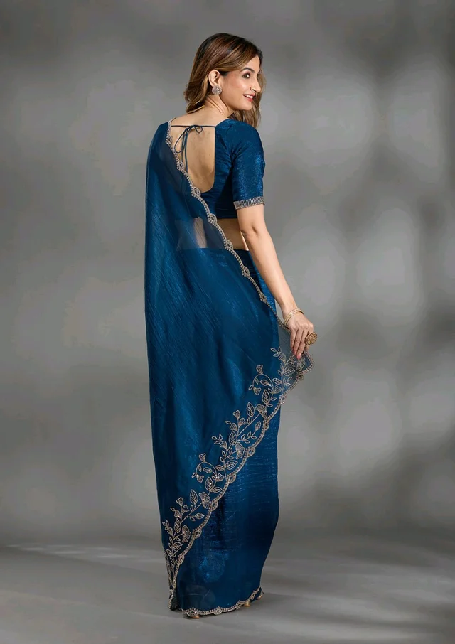 Navy Blue Stonework (Gold) Georgette Saree - Blue