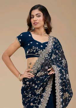 Navy Blue Zariwork (Gold) Georgette Saree