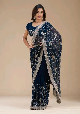 Navy Blue Zariwork (Gold) Georgette Saree