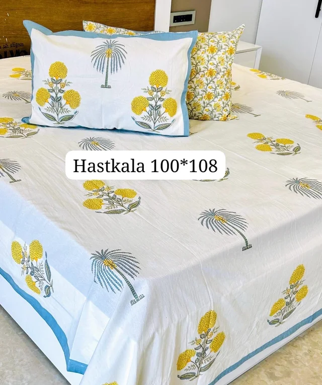 B&B Hastkala Red Cotton Bedsheet - Yellow